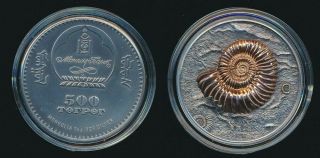 Mongolia 2015 500 Togrog 1 Oz Silver.  999 Antique Finish Ammonite