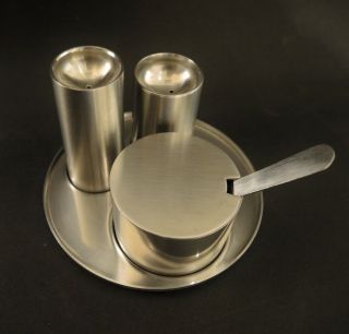 Vintage Stelton Cylinda Line Cruet Set Salt,  Pepper,  Mustard,  Spoon & Tray