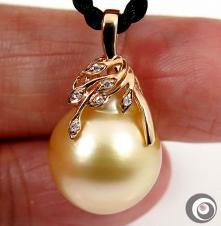 Massive 14.  4mm Golden South Sea Pearl,  6 Diamonds & 14k Gold Pendant Nr