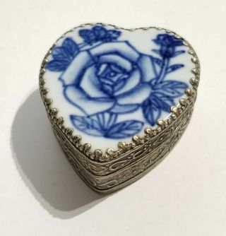 Antique Chinese Blue & White Porcelain Shard Silver Plated Box Heart Rose