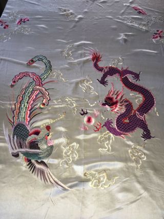 Antique Chinese Hand Embroidered Silk Panel 5 Toed Dragon,  Phoenix