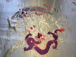 Antique Chinese Hand Embroidered Silk Panel 5 Toed Dragon,  Phoenix 2