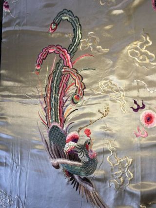 Antique Chinese Hand Embroidered Silk Panel 5 Toed Dragon,  Phoenix 3