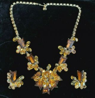 Vintage Juliana D & E Topaz Arrow & Ab Rhinestone Beaded Necklace,  Earrings Set