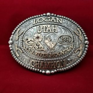Trophy Rodeo Buckle Champion Vintage 1991 Logan Utah Bull Riding Champion 505