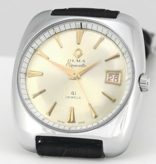 Vintage Olma Caravelle 41 Jewels Automatic Date S/steel Mens Wrist Watch