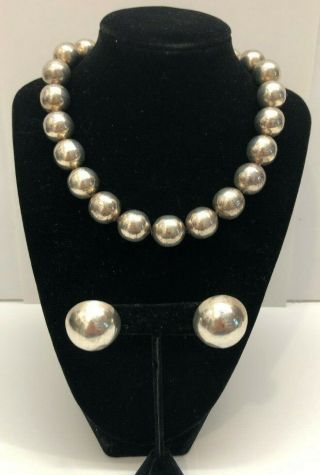 Taxco Sterling Silver Ball Bead Necklace And Earrings 109.  2 Grams