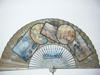 Antique Hand Painted Paper Fan With Wooden Sticks C1890
