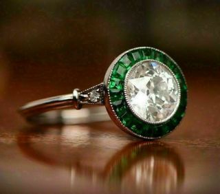 Vintage Art Deco 2 Ct Round Diamond Sapphire 14k White Gold Over Engagement Ring