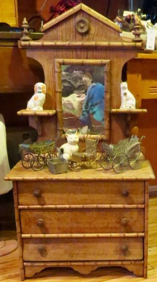 Antique C1875 Rare French Faux Bamboo Doll 3 Drawer Dresser W/candle Shelves 31 "
