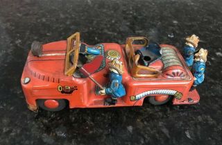 Antique K Trademark Tin Toy Litho Fire Truck Japan Fd With 4 Firemen