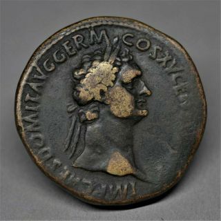 Rare Brass Sestertius Of Domitian: Victory Crowning Emperor.  Rome,  Ad 86.  V.  F,