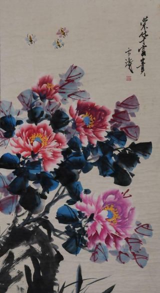 Chinese Old Wang Xuetao Scroll Painting Scroll Flower&bird 63.  78”