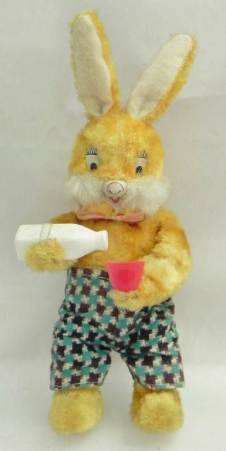 Vintage Bunny Rabbit Wind Up Tin Toy Drink Milk Bottle And Red Cup 11 "