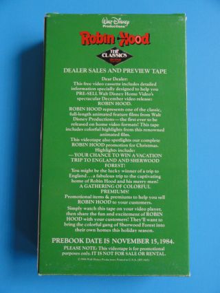 RARE DISNEY DEALER SALES & PREVIEW VHS TAPE - ROBIN HOOD - 1984 3