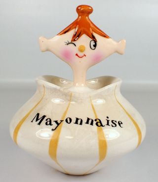 Rare Vtg 1959 Holt Howard Pixieware Ceramic Yellow Mayonnaise Jar And Spoon