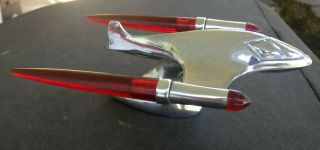 Vintage Chrome Jet Airplane Hood Ornament W/red Wings