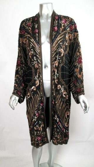 Vintage 100 Auth Judith Ann Multi Color Sequin & Beads Art Deco Floral Jacket M