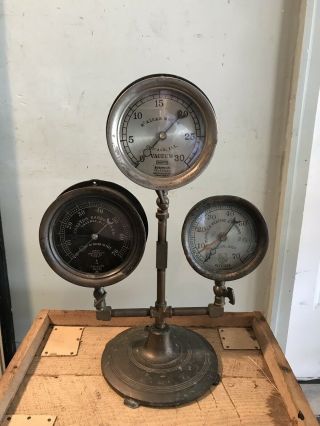 Antique Industrial Brass Pressure Gauge Display On Brass Stand - 3 Gauges -