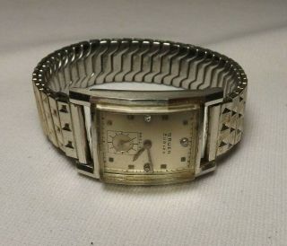 Vintage Gruen Curvex 14k White Gold Case Diamond Dial Art Deco Mens Watch