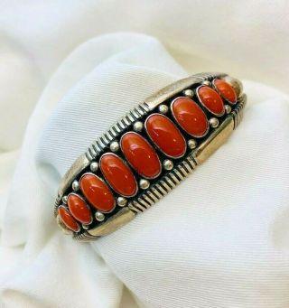 RARE 52.  6g Signed HOWARD Nelson Navajo Sterling Silver and Coral Cuff Bracelet 2