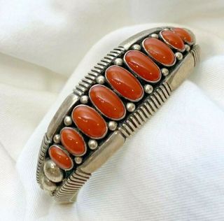 RARE 52.  6g Signed HOWARD Nelson Navajo Sterling Silver and Coral Cuff Bracelet 5