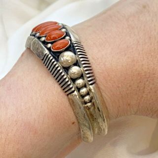 RARE 52.  6g Signed HOWARD Nelson Navajo Sterling Silver and Coral Cuff Bracelet 6