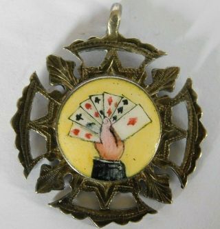 Antique Solid Silver And Enamel Pocket Watch Fob / Medal,  Hand Of Playing Cards