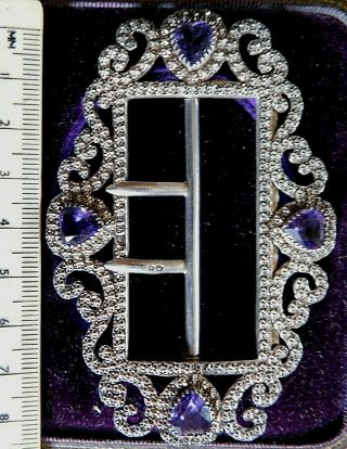 Antique Charles Horner Large Solid Silver / Amethyst Hearts Buckle,  Chester 1900