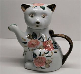 Cute Asian Lucky Cat Teapot White With Pink Floral Designs - Thailand