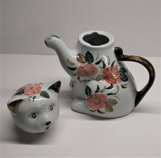 cute Asian lucky cat teapot white with pink floral designs - Thailand 2