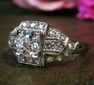 Antique Victorian Art Deco 2ct Round Diamond 14k White Gold Over Engagement Ring