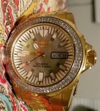 Invicta Y/g 43mm Diver 1.  81caret/rare Full Diamond Bezel/swiss Automatic Watch$$