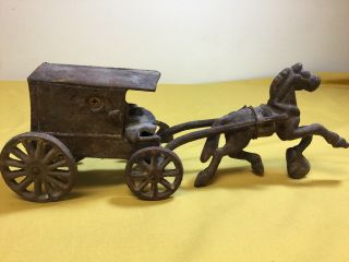 Vintage Cast Iron Metal Amish Horse Drawn Buggy Carriage Wagon with Driver,  Kids 2