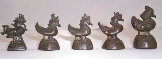 Antique Burmese Bronze Opium Weights – 4 Mythical Birds & 1 Zoomorphic Chinthe