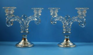 Antique Pair Sterling Silver & Crystal Candleabra Candle Holders By Sheffield