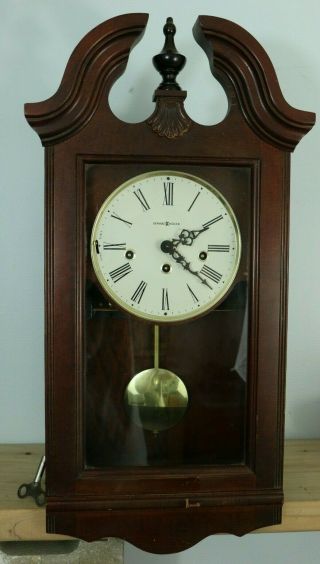 Stunning Vintage Howard Miller Wall Clock 620 - 132 Winding Key Dark Wood Clock