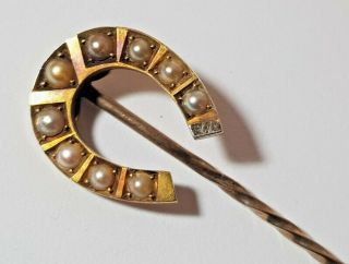 Vintage 15ct Gold Stick Pin - Split Pearl Set Large Horseshoe 6cm