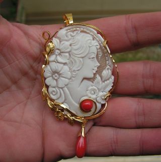 Vintage Silver Gold Cameo Shell Well Carved Red Coral Natural Italy