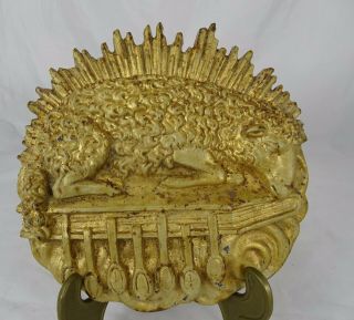 Antique French Religious Agnus Dei Lamb Paschal Gold Metal Plaque