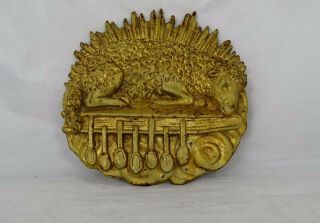 Antique French Religious Agnus Dei Lamb Paschal Gold Metal Plaque 2