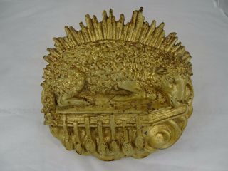 Antique French Religious Agnus Dei Lamb Paschal Gold Metal Plaque 3
