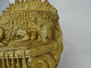Antique French Religious Agnus Dei Lamb Paschal Gold Metal Plaque 6