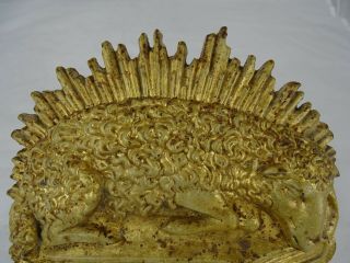 Antique French Religious Agnus Dei Lamb Paschal Gold Metal Plaque 7