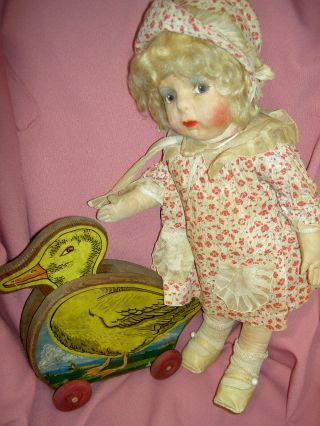Very RARE c.  1930 French GRE - POIR jointed cloth doll all orig.  organdy outfit 7
