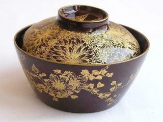Antique Japanese Maki - E Lacquer Chawan With Flowers 1880 - 1900 Handpainted 1678
