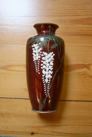 Japanese Cloisonne & Ginbari Wisteria Flower On Red Enamel Vase C20th Rare