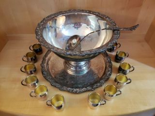 Fb Rogers Silverplate Silver Punch Bowl With Under Plate Tray 12 Cups And Ladle