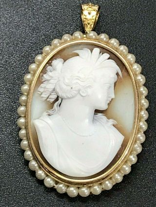 Antique Victorian 14k Gold Large Cameo Brooch/pendant - Pearls