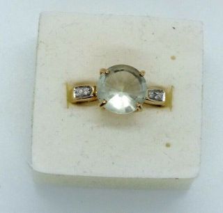 Vintage 9ct Yellow Gold Green Amethyst And Diamond Ring.  Size N 1/2.  With.